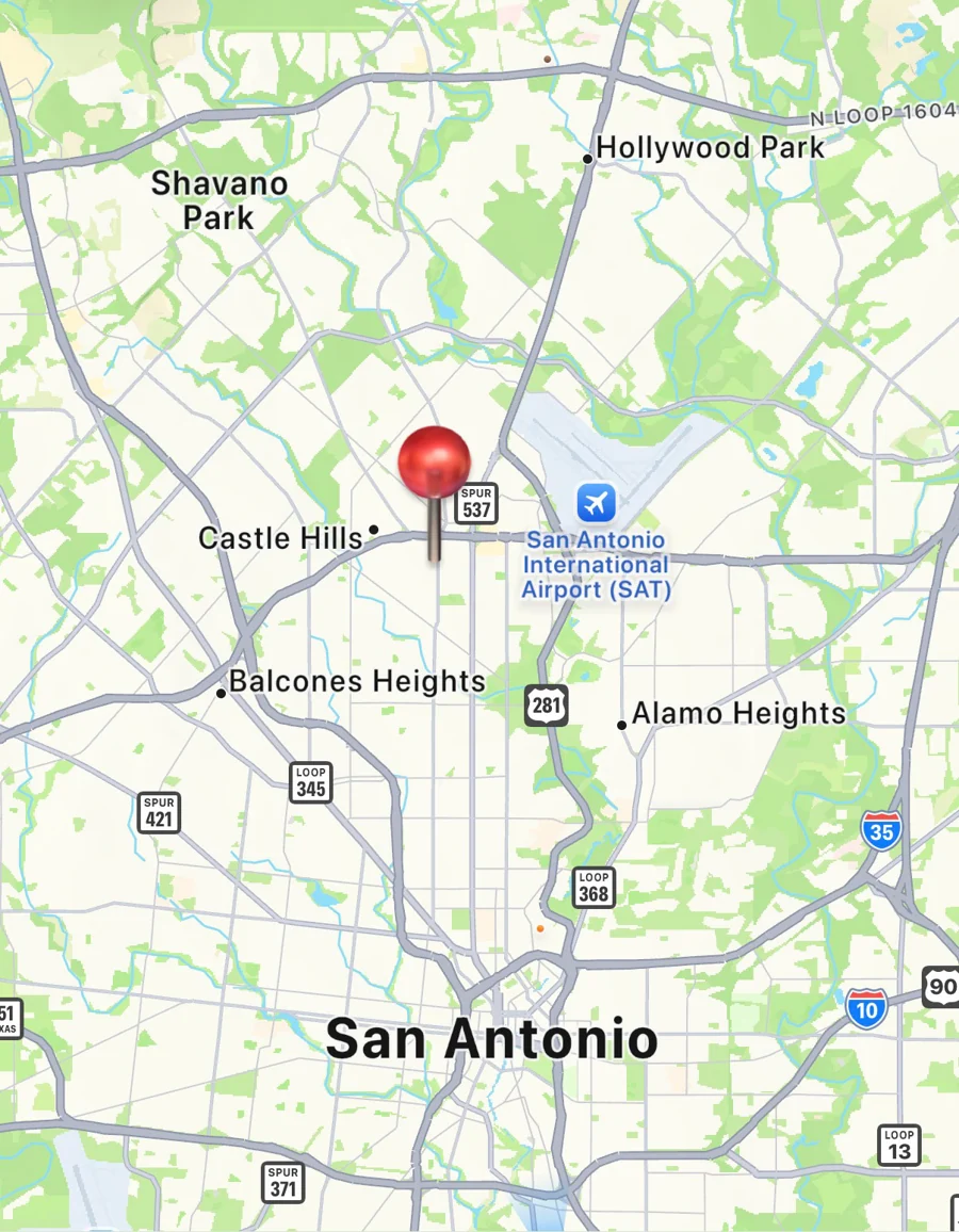 Map of San Antonio with a pin marking the studio’s location